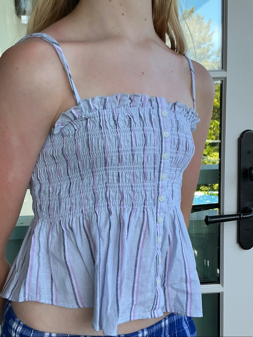 American Eagle Light Blue and purple Striped top